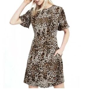 Banana Republic Cheetah Print Dress Women’s 4 Satin Brown Black Pockets A-Line